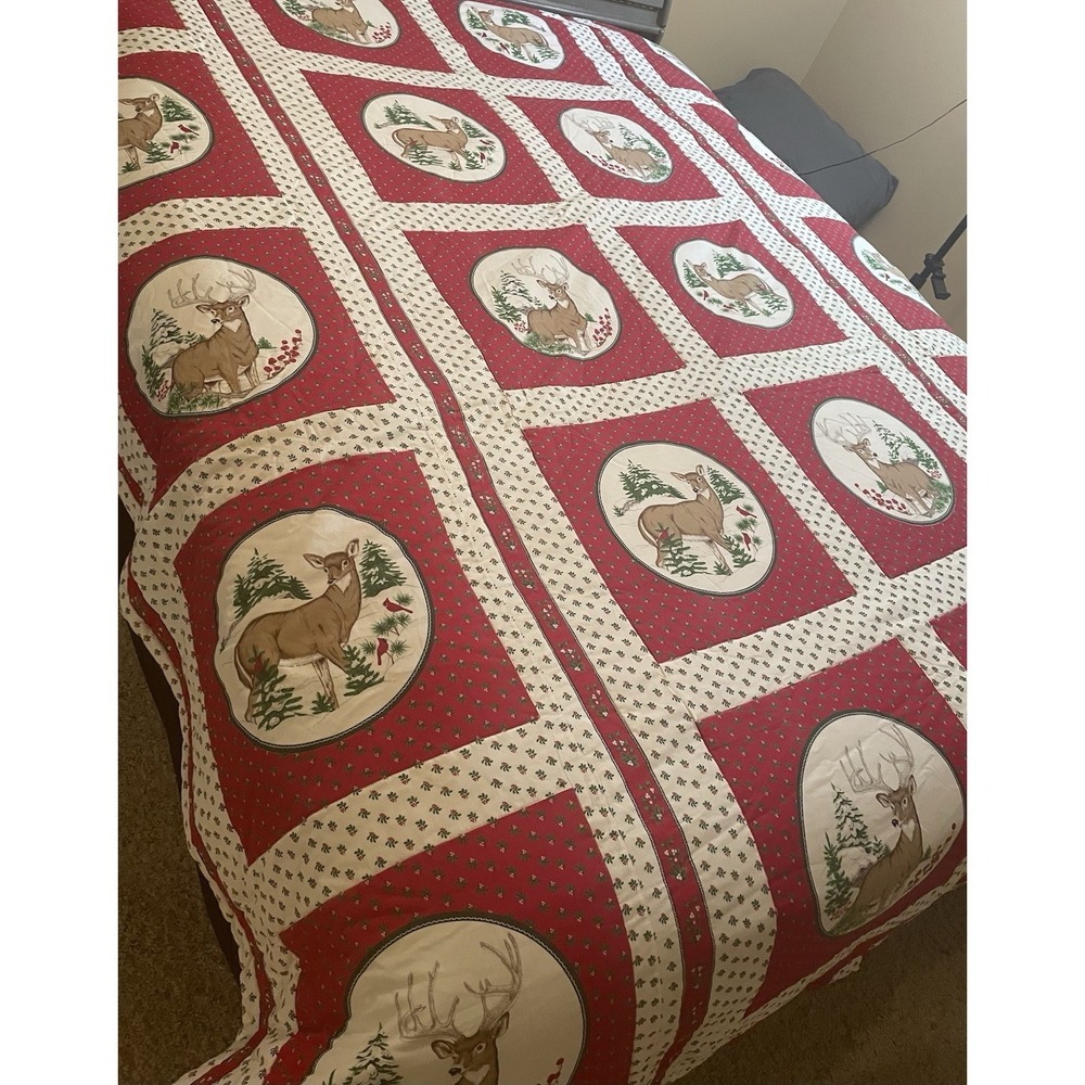 Handmade Christmas Quilt Full Queen Deer 81" x 96" Farmhouse Cabin Lodge Quilted
